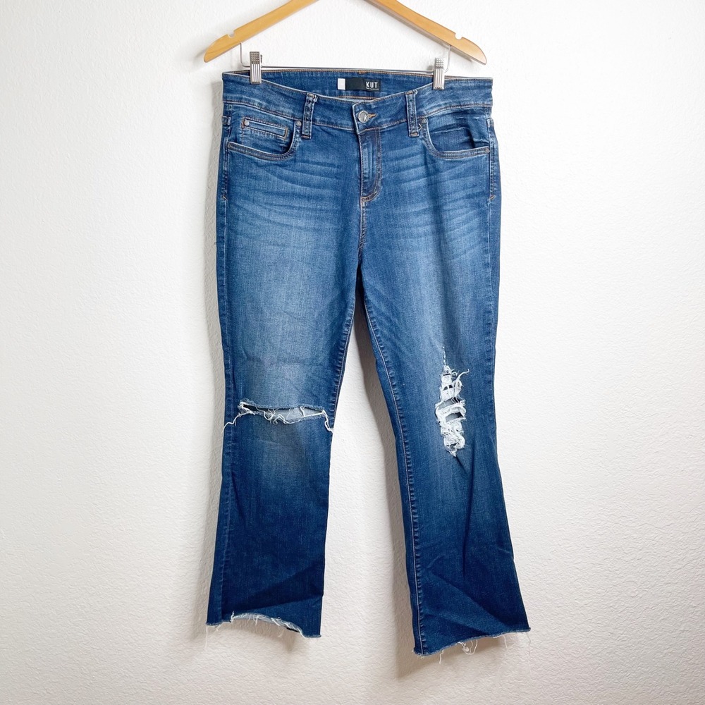 KUT from the Kloth Natalie Bootcut Jeans Distressed Raw Hem Medium Wash Size 14